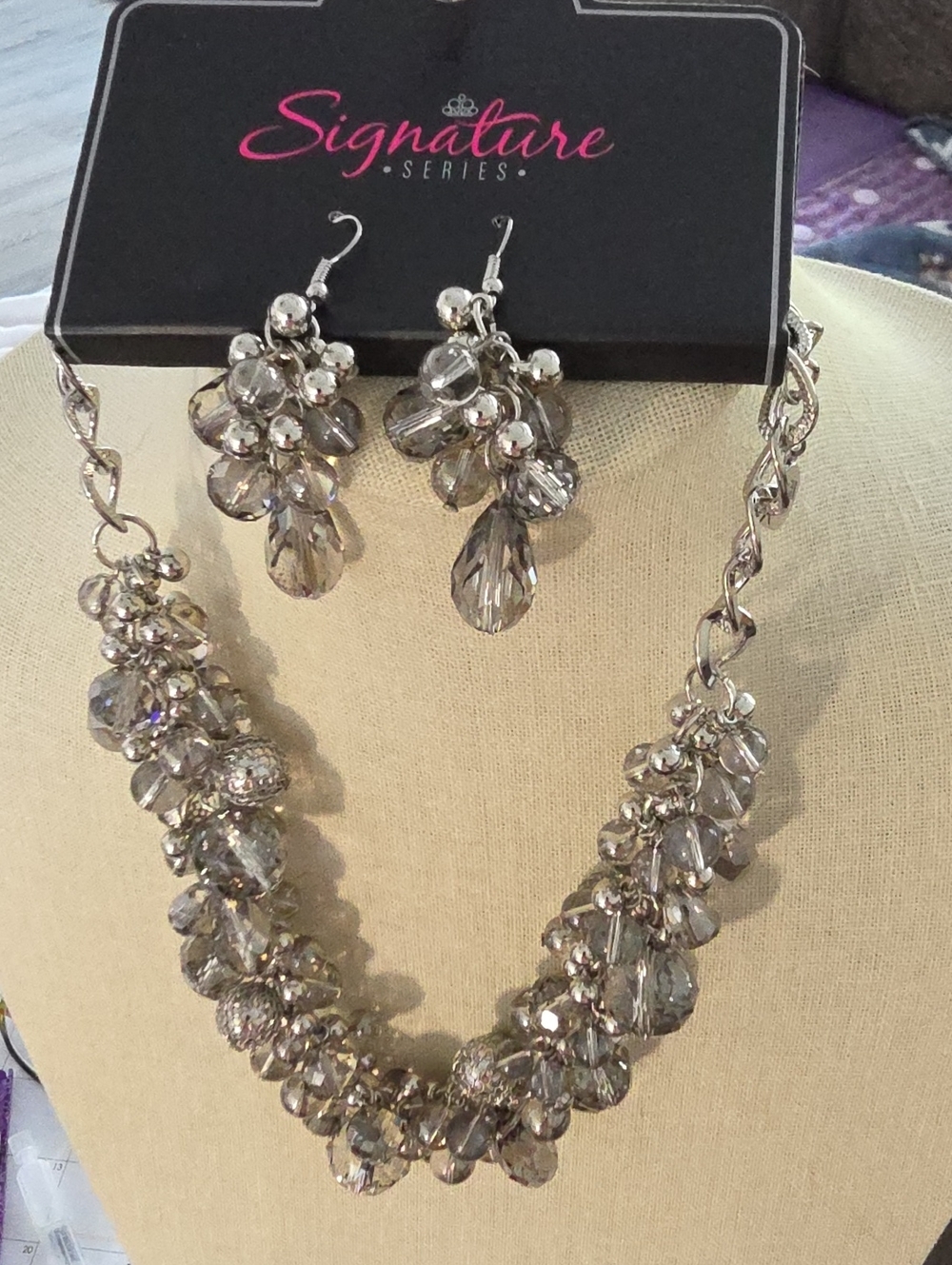 Silver Crystal Cluster Necklace and Drop Earrings Set